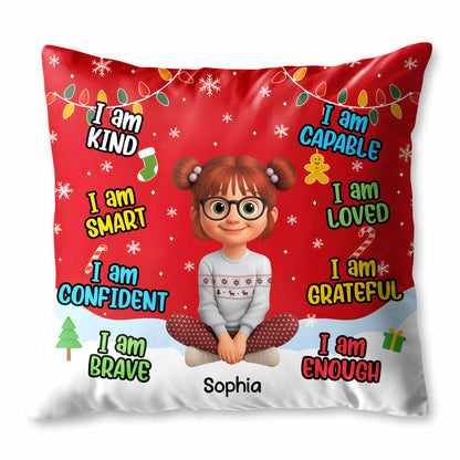 I Am Kind, Smart, Confident, Brave, Pillow With Cartoon Girl