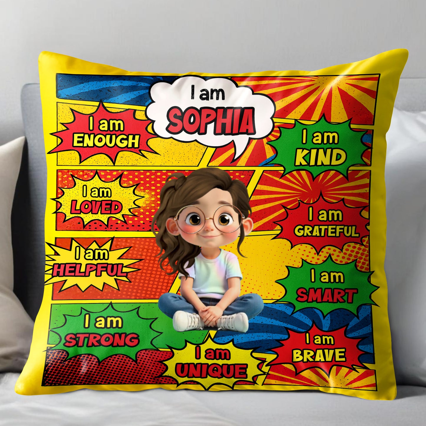I Am Enough, Kind, Loved, Unique, Comic Style Design - Personalized Custom Pillow, Insert Included - KID385_PLW