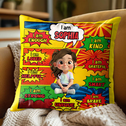 I Am Enough, Kind, Loved, Unique, Comic Style Design - Personalized Custom Pillow, Insert Included - KID385_PLW