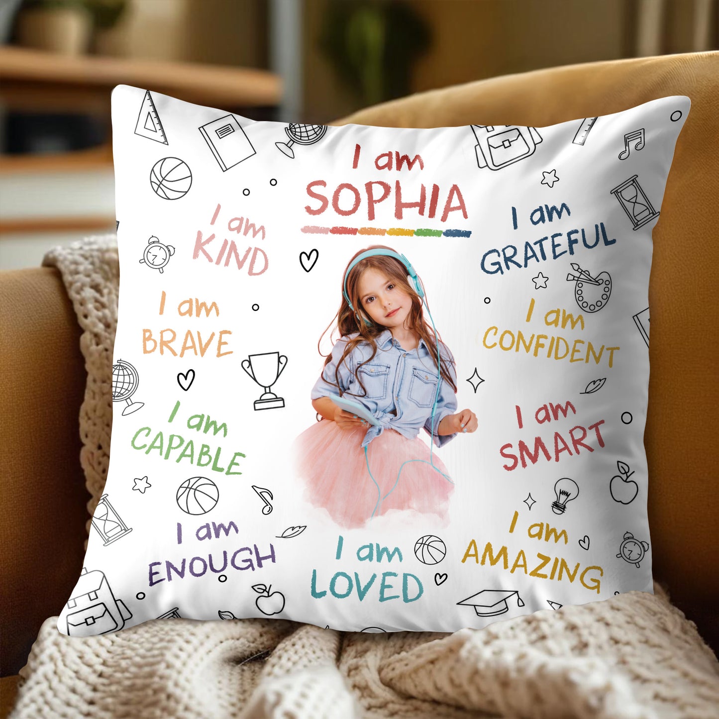 I Am Brave, Kind, Confident, Empowering Pillow for Young Girls - Personalized Custom Pillow, Insert Included - KID336_PLW