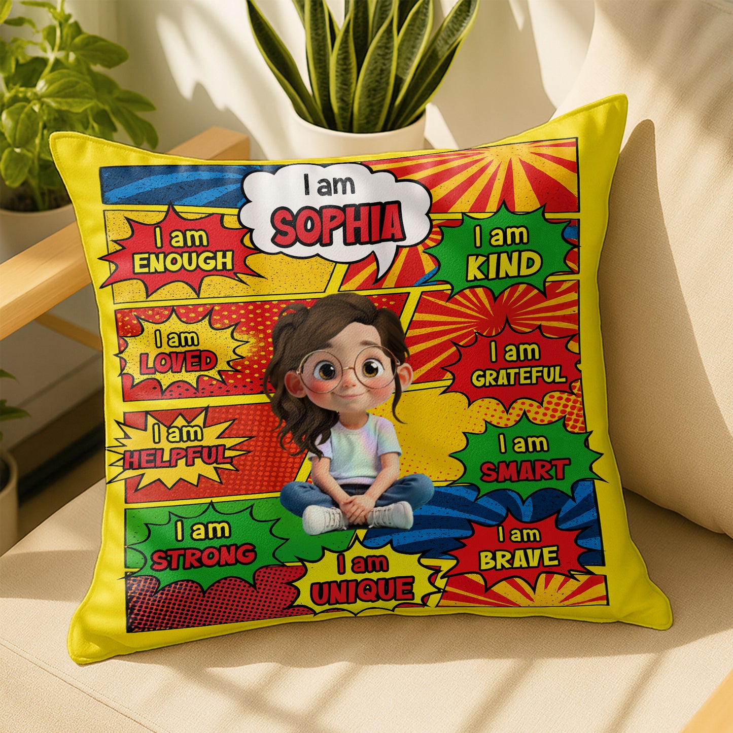 I Am Enough, Kind, Loved, Unique, Comic Style Design - Personalized Custom Pillow, Insert Included - KID385_PLW