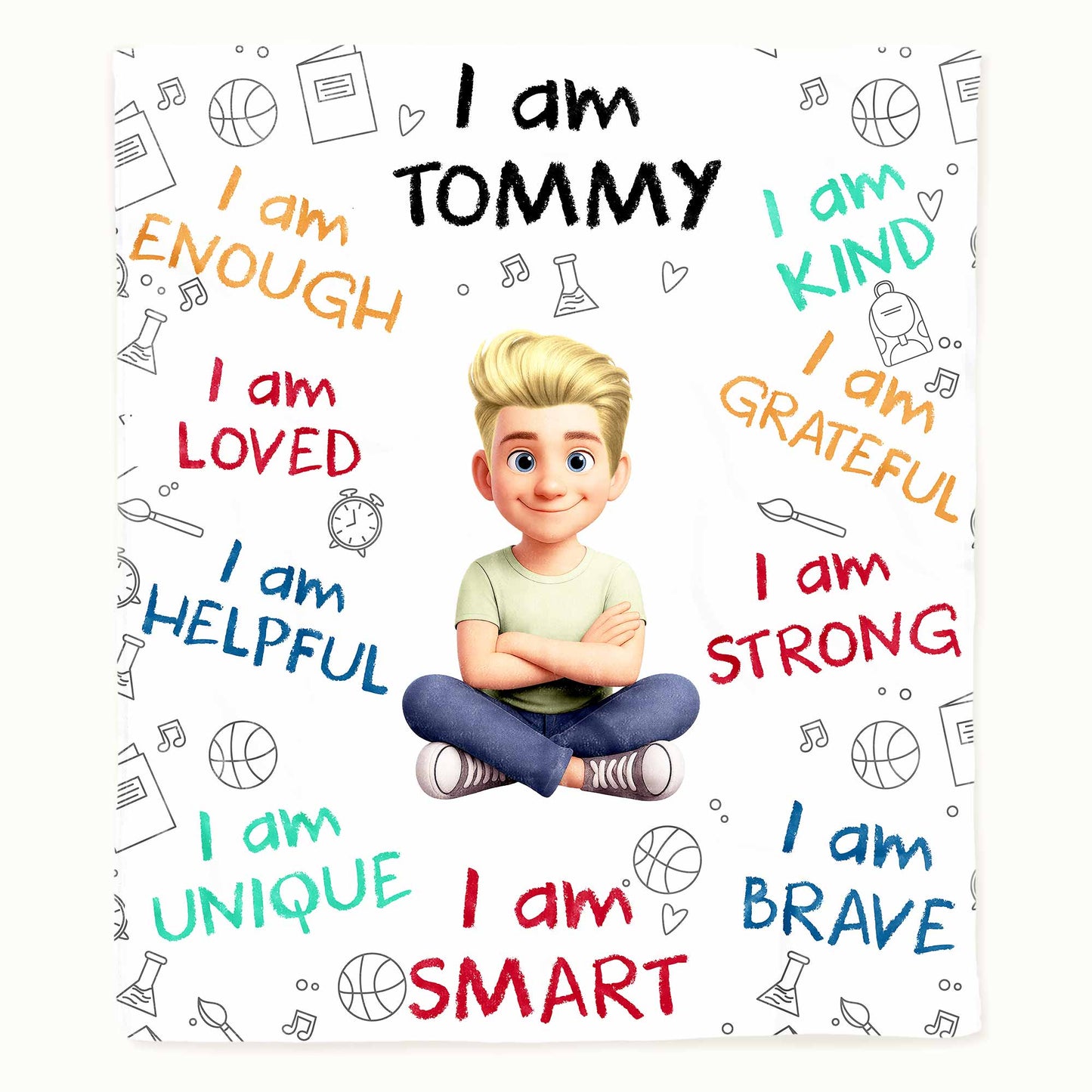 I Am Enough, Loved, Helpful, Unique, Smart, Brave, Strong, Kind, Grateful - Personalized Custom Blanket - KID399_BLK