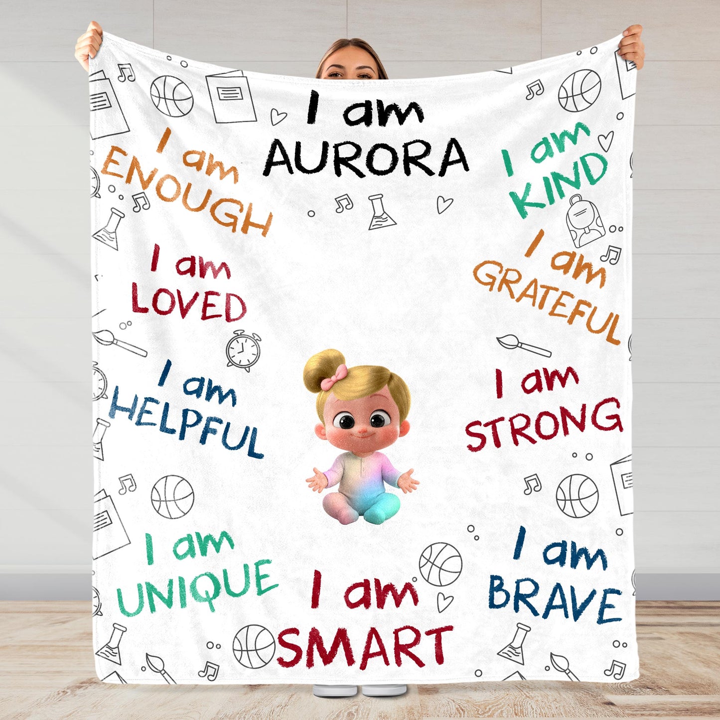I Am Enough, Loved, Helpful, Unique, Smart, Brave, Strong, Kind, Grateful - Personalized Custom Blanket - KID399_BLK