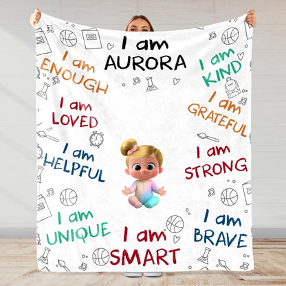 I Am Enough, Loved, Helpful, Unique, Smart, Brave, Strong, Kind, Grateful - Personalized Custom Blanket - KID399_BLK
