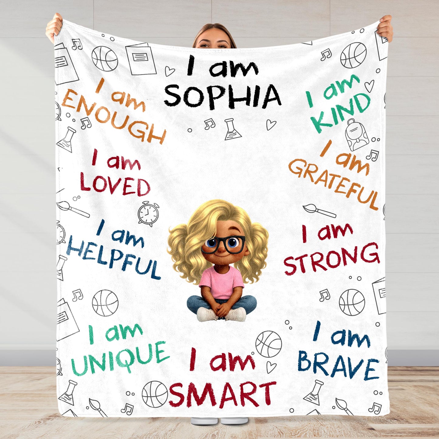 I Am Enough, Loved, Helpful, Unique, Smart, Brave, Strong, Kind, Grateful - Personalized Custom Blanket - KID399_BLK