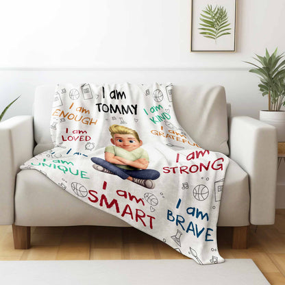 I Am Enough, Loved, Helpful, Unique, Smart, Brave, Strong, Kind, Grateful - Personalized Custom Blanket - KID399_BLK