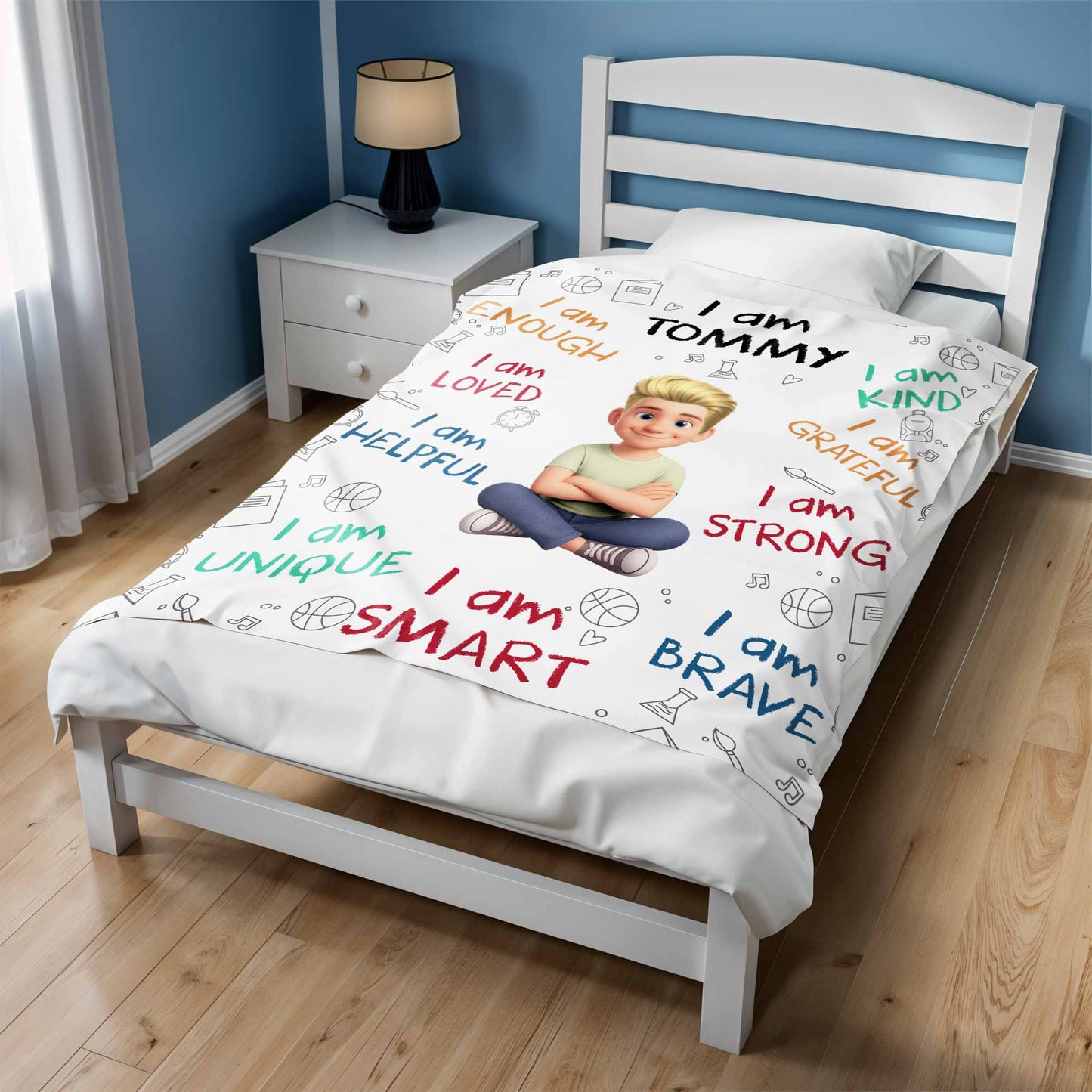 I Am Enough, Loved, Helpful, Unique, Smart, Brave, Strong, Kind, Grateful - Personalized Custom Blanket - KID399_BLK