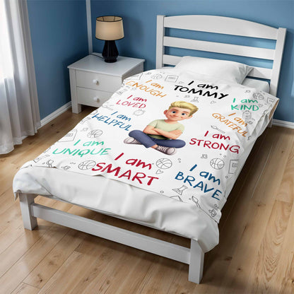 I Am Enough, Loved, Helpful, Unique, Smart, Brave, Strong, Kind, Grateful - Personalized Custom Blanket - KID399_BLK