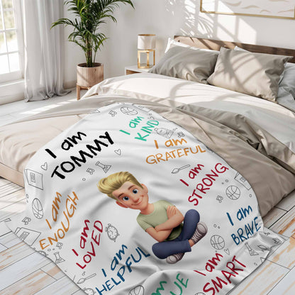 I Am Enough, Loved, Helpful, Unique, Smart, Brave, Strong, Kind, Grateful - Personalized Custom Blanket - KID399_BLK