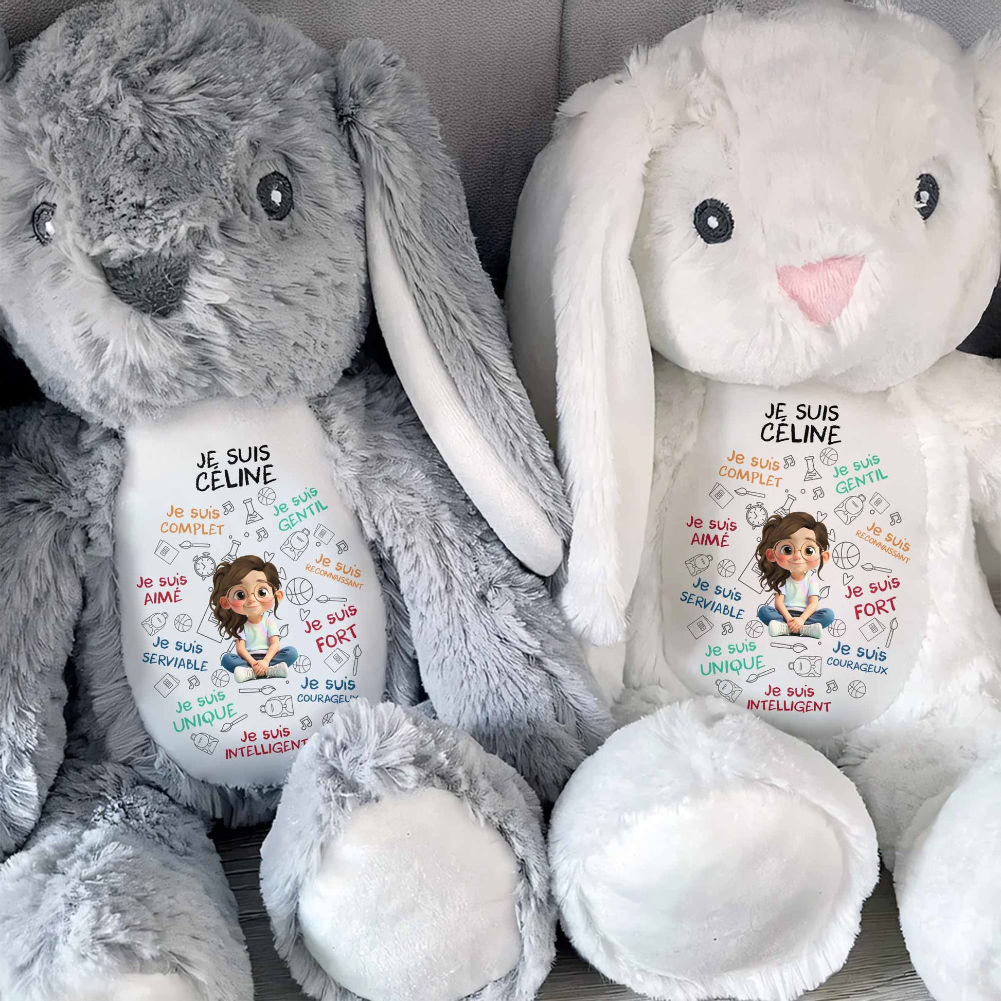 Je Suis Complete, Gentil, Personalized Bunny With Cartoon Girl
