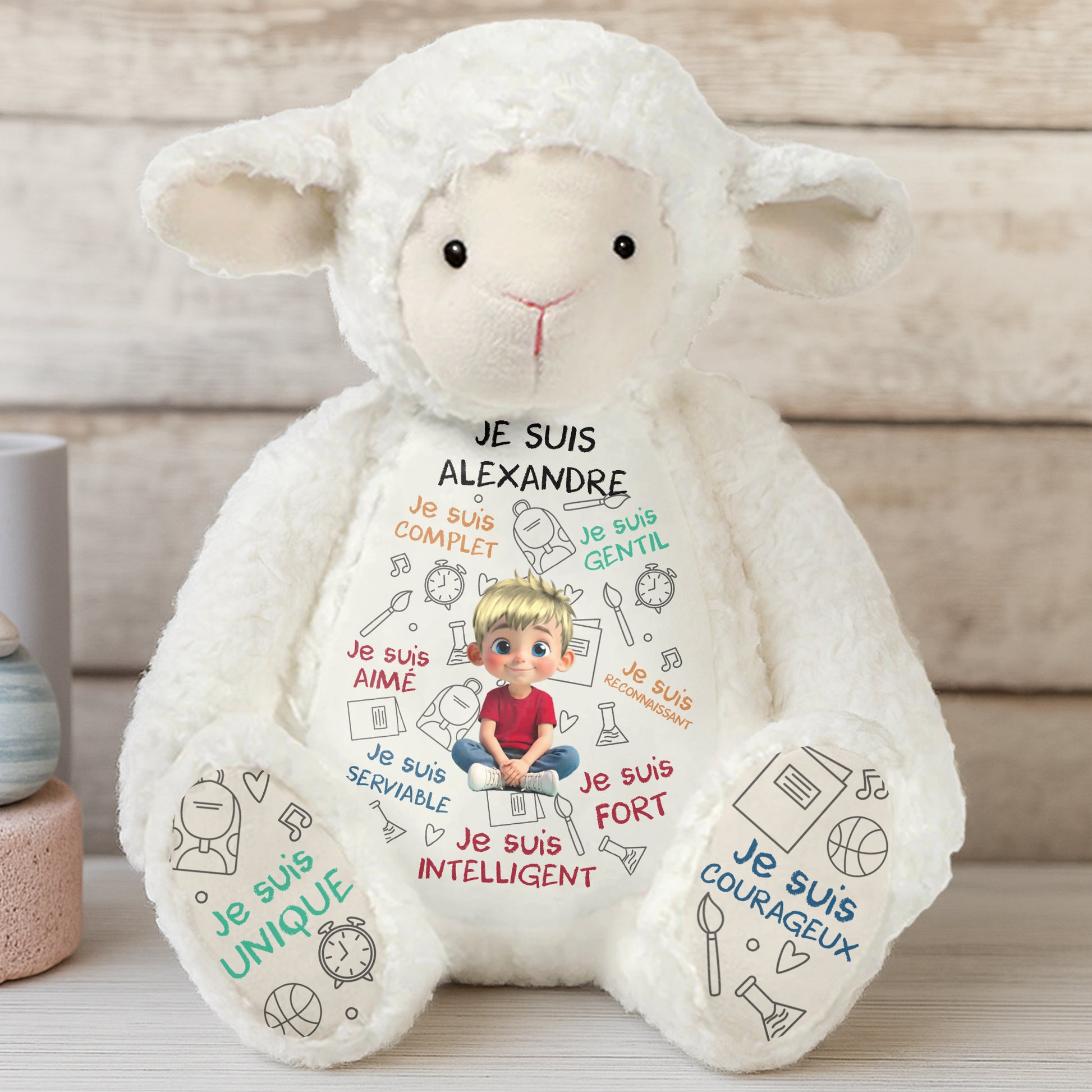 Je Suis Complète, Gentille, Aimée, Sheep Doll With Books And Globe