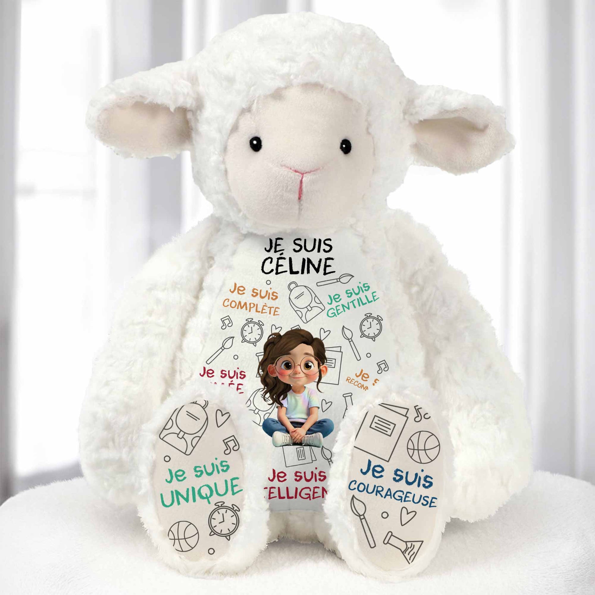 Je Suis Complète, Gentille, Aimée, Sheep Doll With Books And Globe