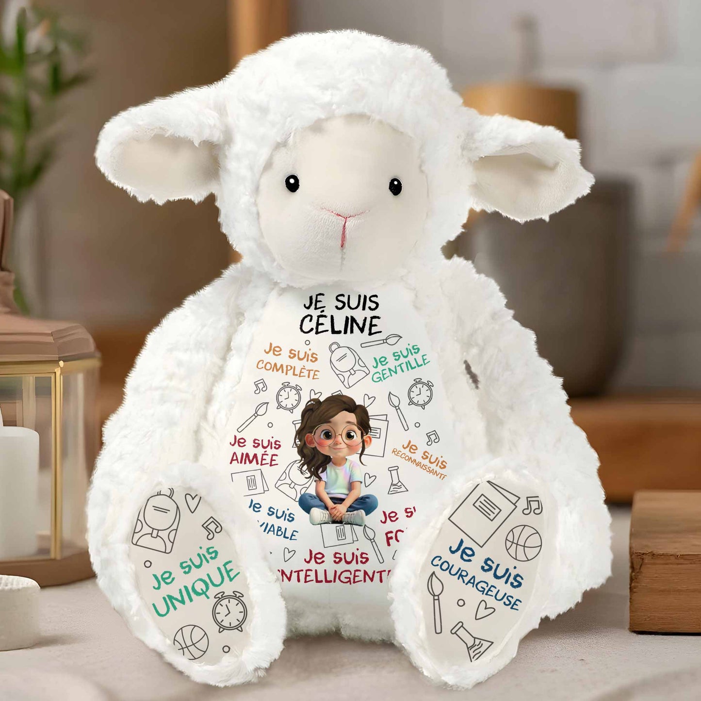 Je Suis Complète, Gentille, Aimée, Sheep Doll With Books And Globe