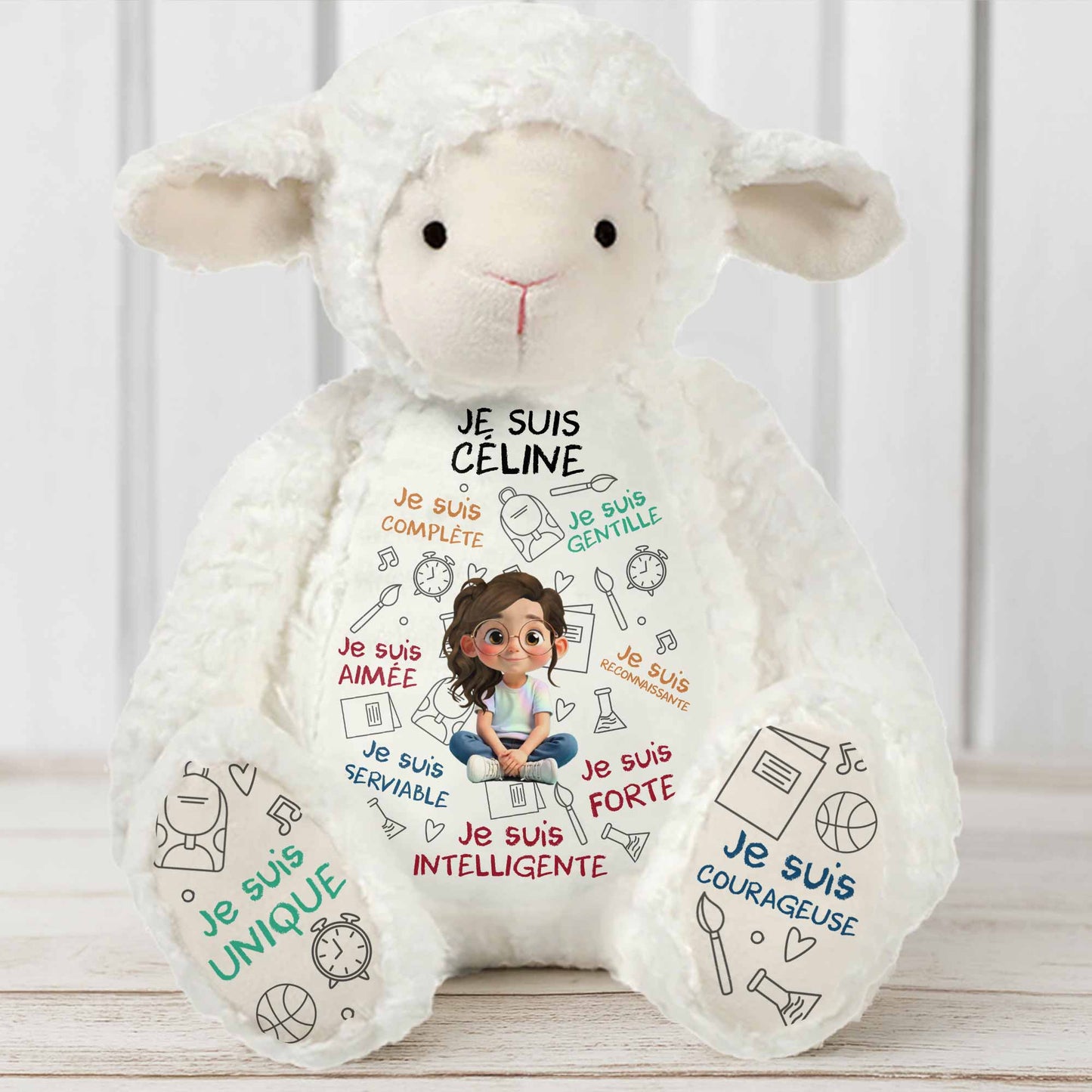 Je Suis Complète, Gentille, Aimée, Sheep Doll With Books And Globe