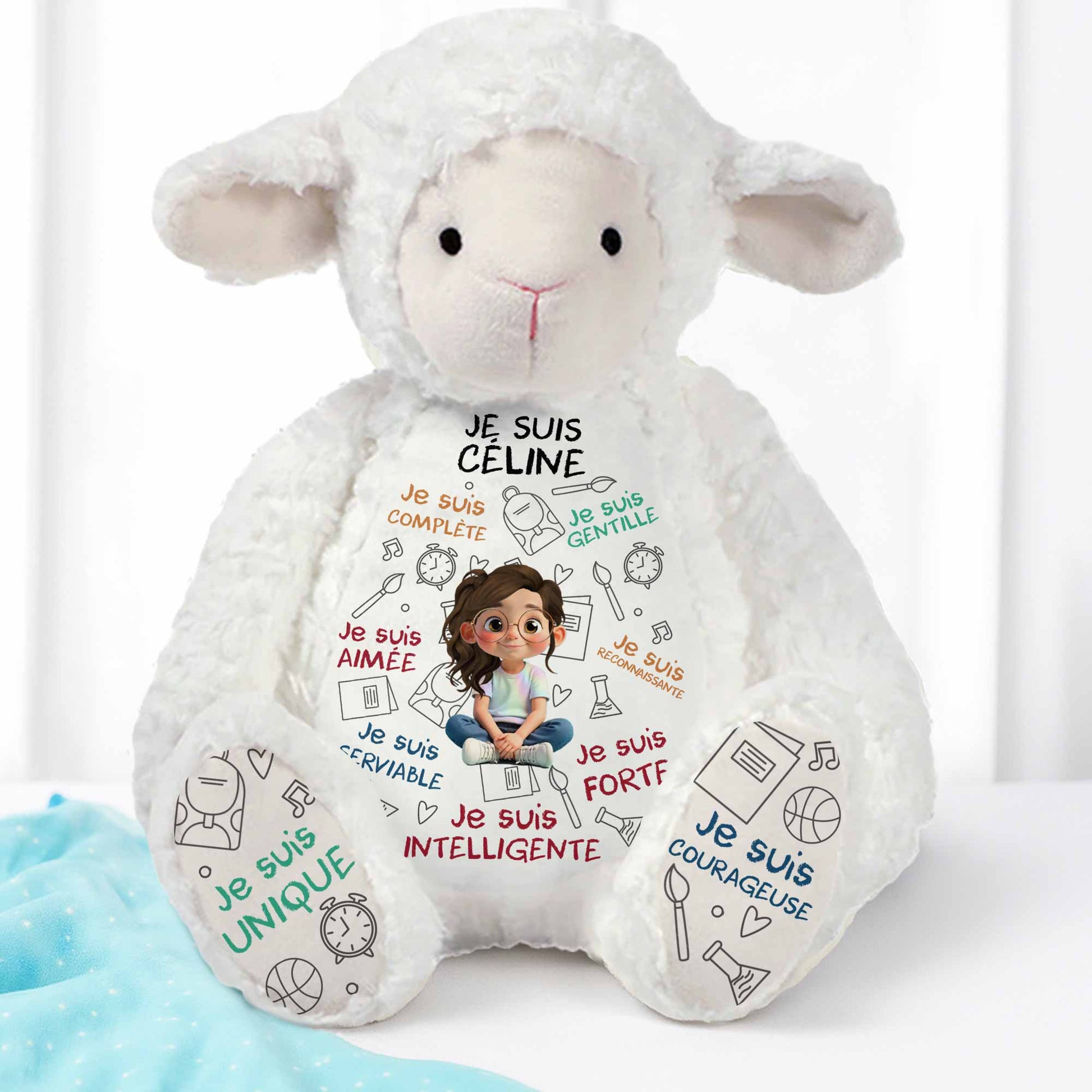 Je Suis Complète, Gentille, Aimée, Sheep Doll With Books And Globe