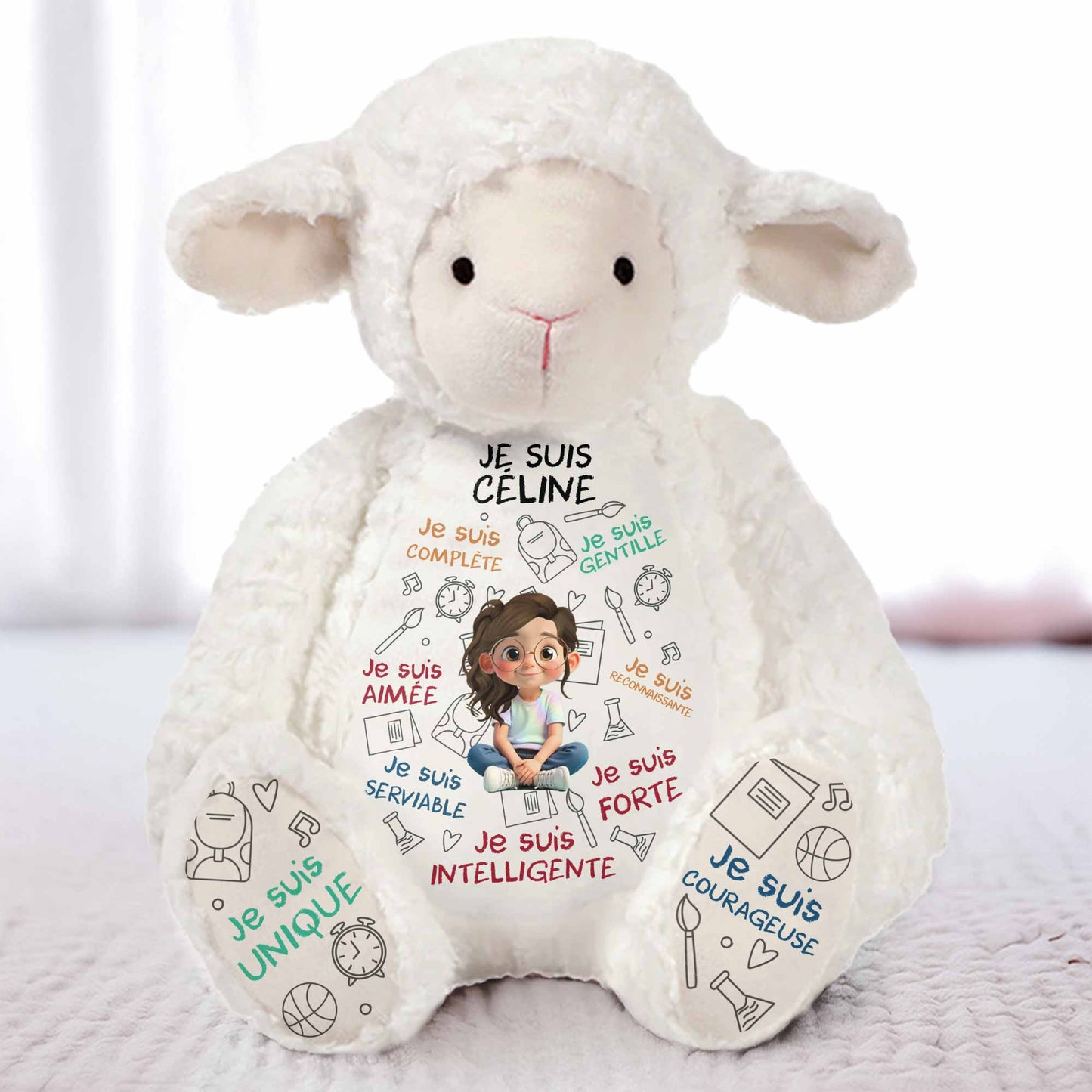 Je Suis Complète, Gentille, Aimée, Sheep Doll With Books And Globe