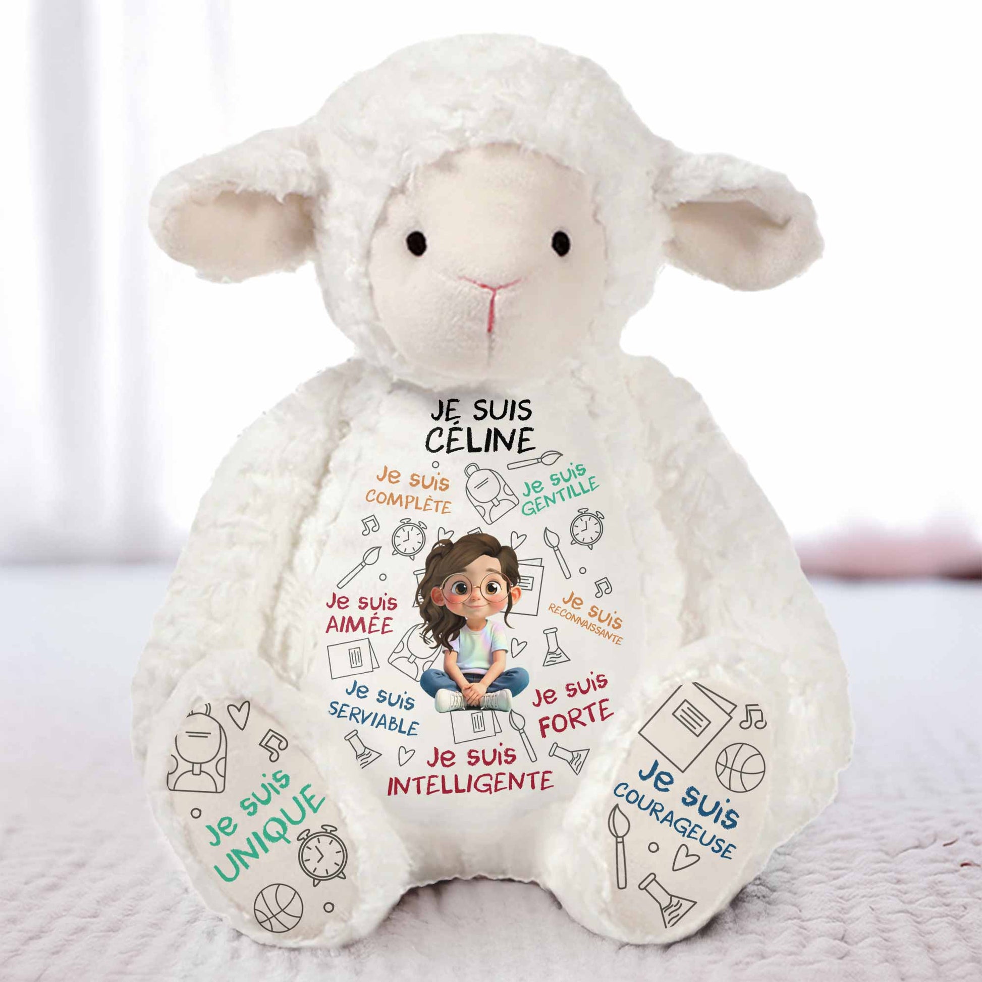 Je Suis Complète, Gentille, Aimée, Sheep Doll With Books And Globe