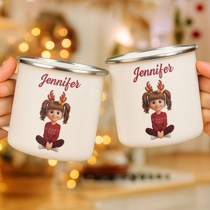 Customized Christmas Holiday Cartoon Girl With Reindeer Antlers - Personalized Custom Enamel Mug - KID404_EMUG