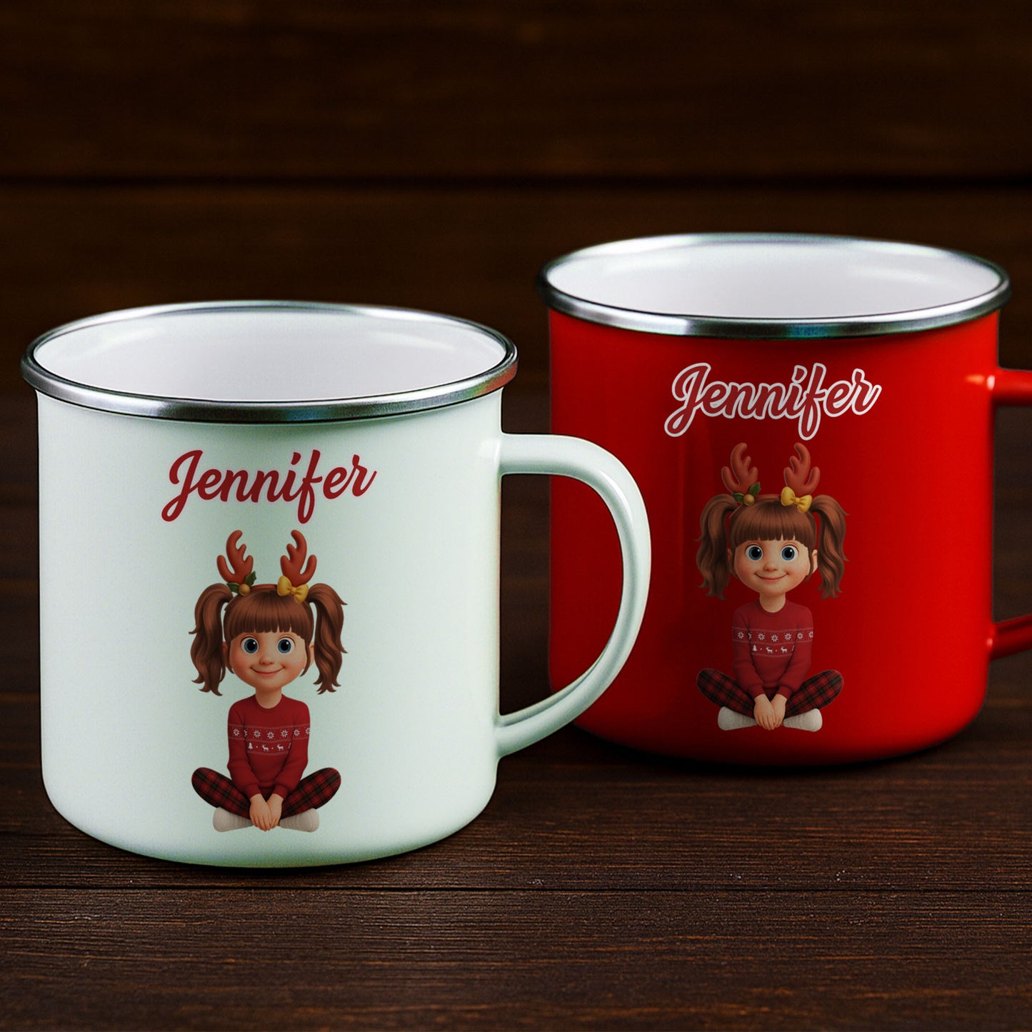 Customized Christmas Holiday Cartoon Girl With Reindeer Antlers - Personalized Custom Enamel Mug - KID404_EMUG