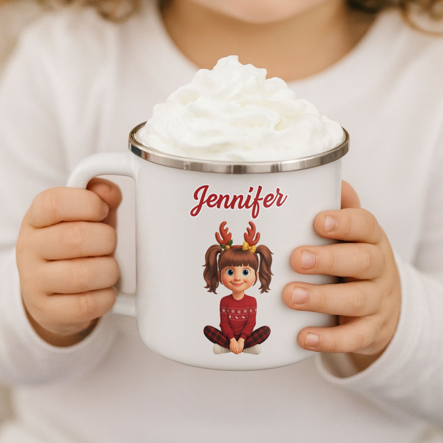 Customized Christmas Holiday Cartoon Girl With Reindeer Antlers - Personalized Custom Enamel Mug - KID404_EMUG