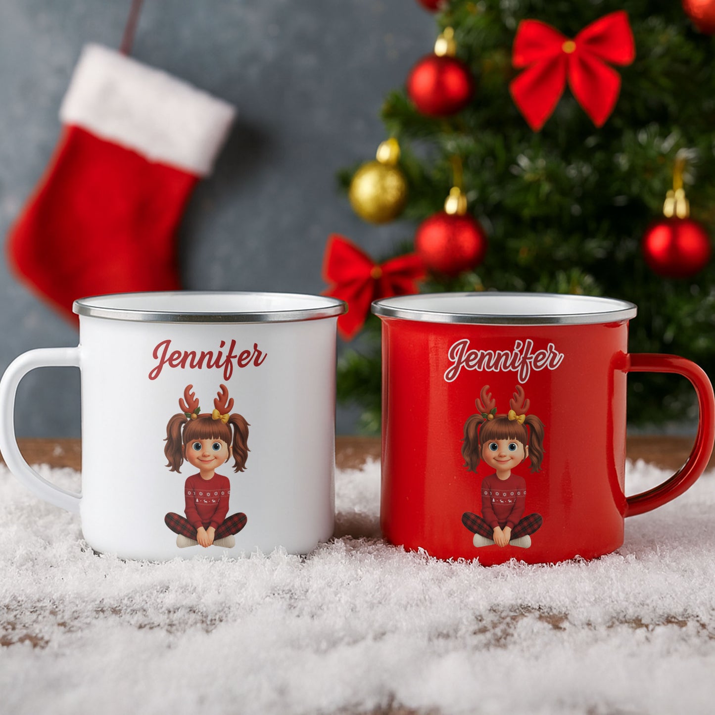 Customized Christmas Holiday Cartoon Girl With Reindeer Antlers - Personalized Custom Enamel Mug - KID404_EMUG