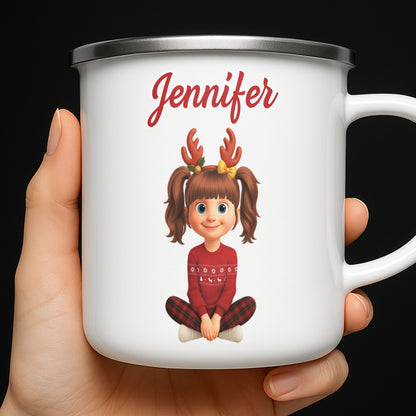 Customized Christmas Holiday Cartoon Girl With Reindeer Antlers - Personalized Custom Enamel Mug - KID404_EMUG
