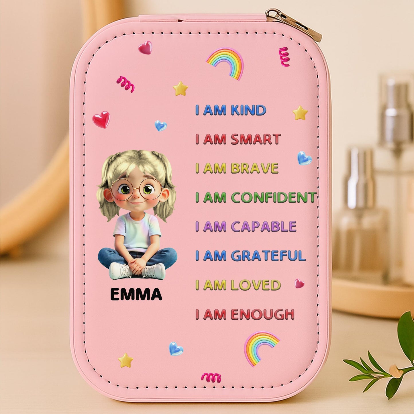 I Am Kind, I Am Smart, Jewelry Box With Rainbow, Hearts, And Stars