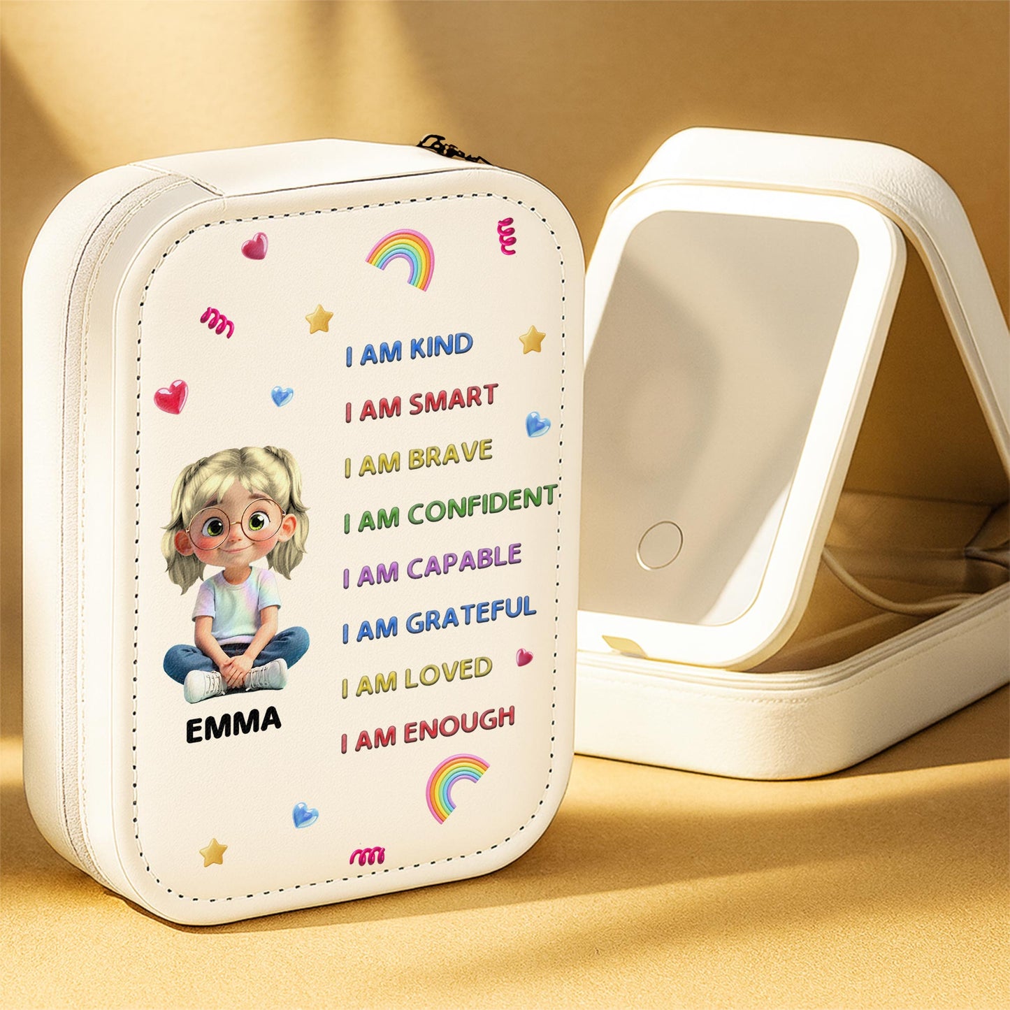 I Am Kind, I Am Smart, Jewelry Box With Rainbow, Hearts, And Stars