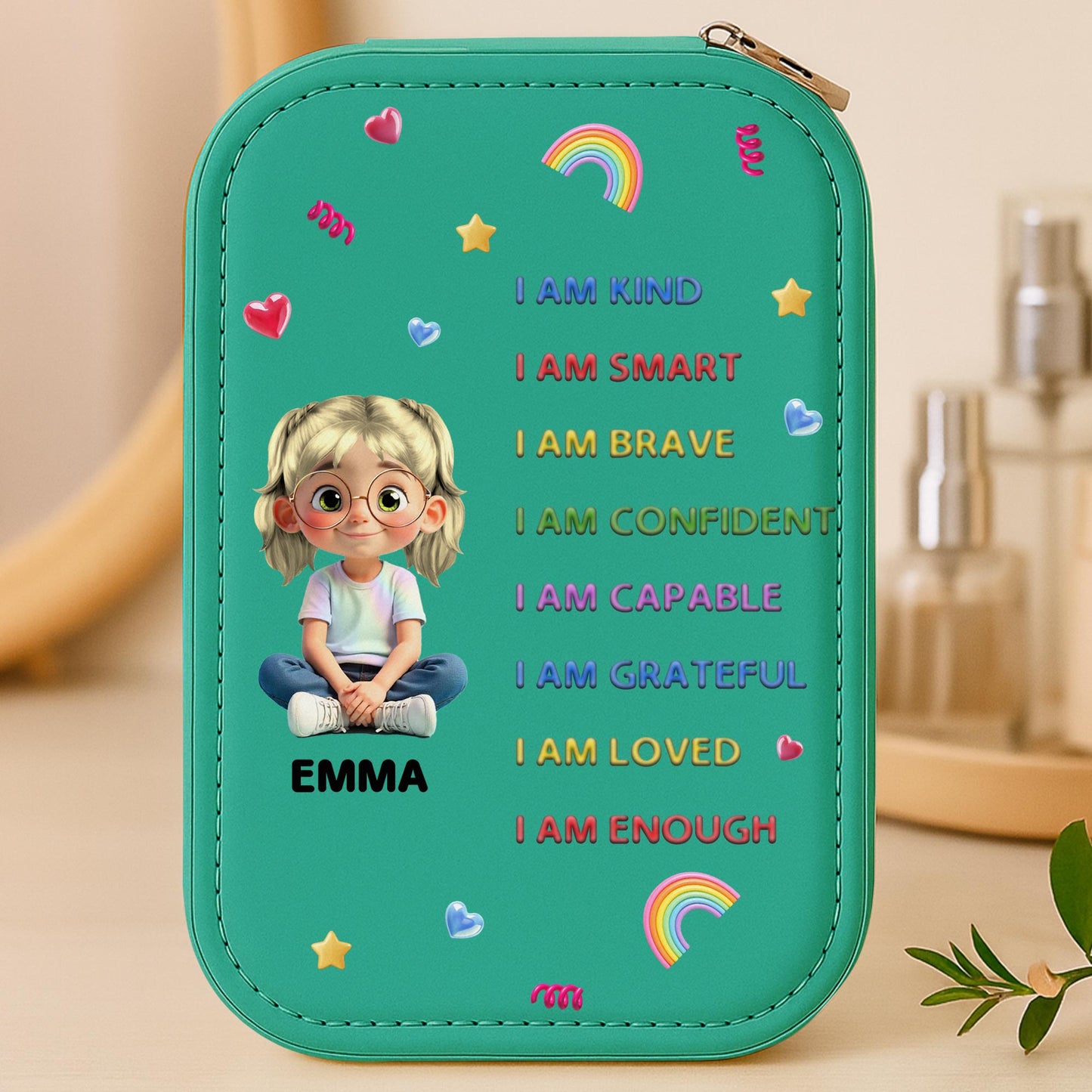 I Am Kind, I Am Smart, Jewelry Box With Rainbow, Hearts, And Stars