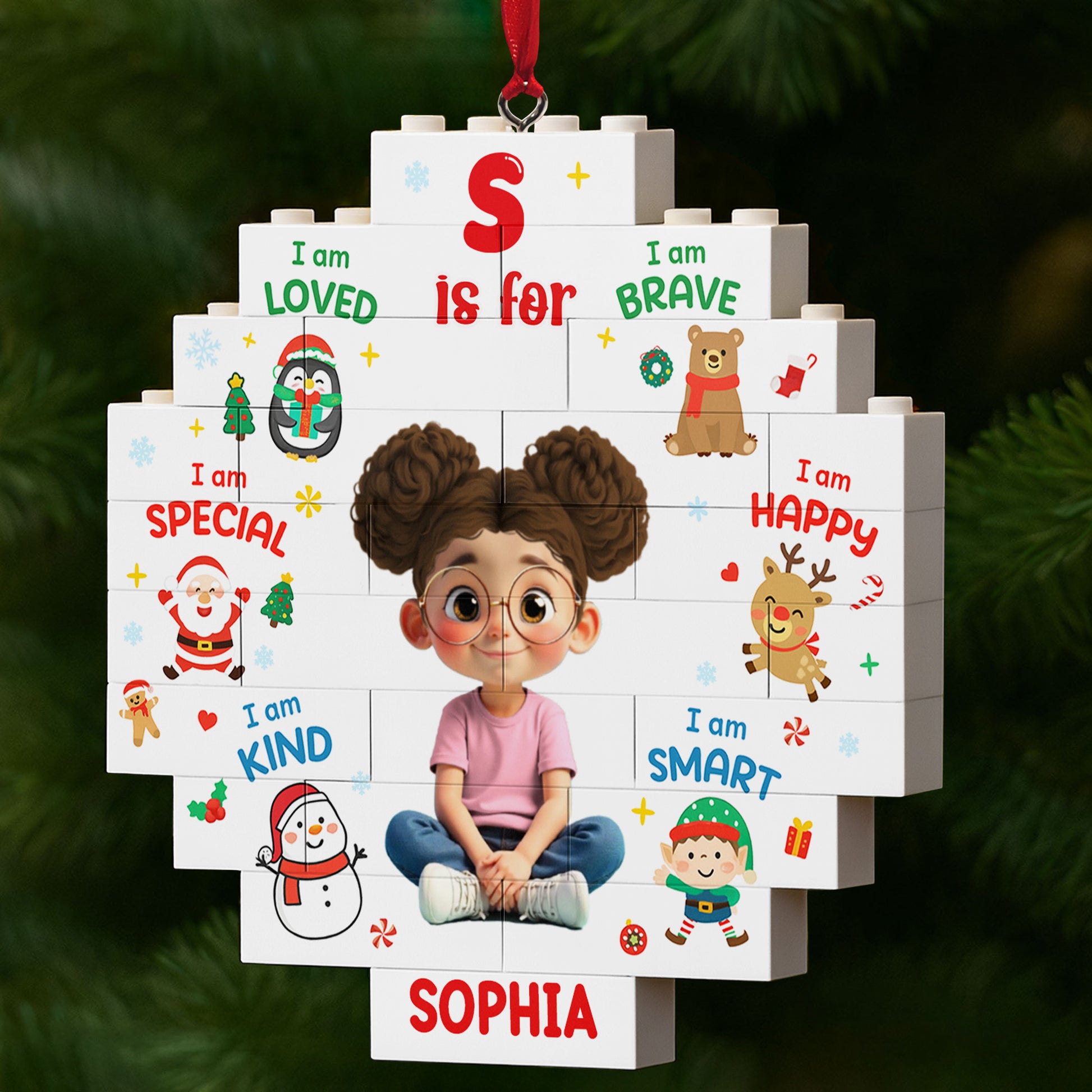 I Am Loved, I Am Brave, Personalized Puzzle Ornament With Festive Characters