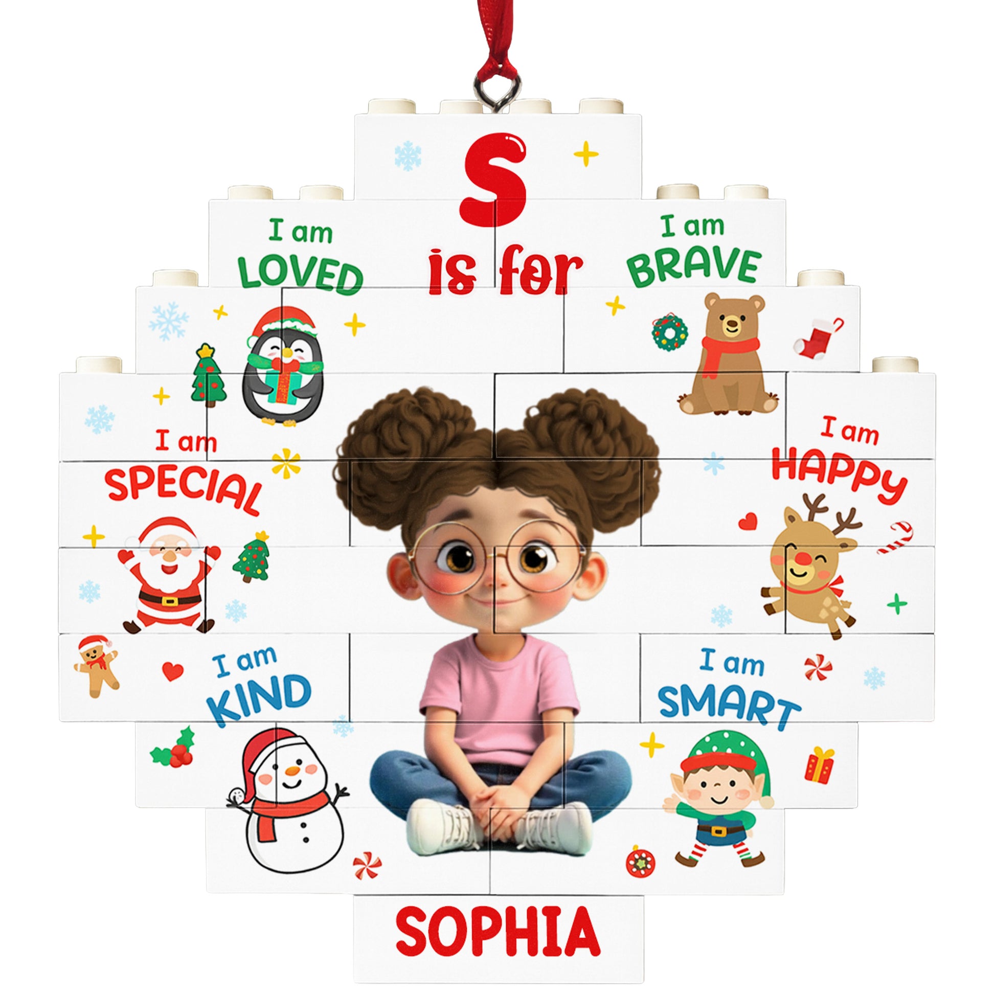 I Am Loved, I Am Brave, Personalized Puzzle Ornament With Festive Characters