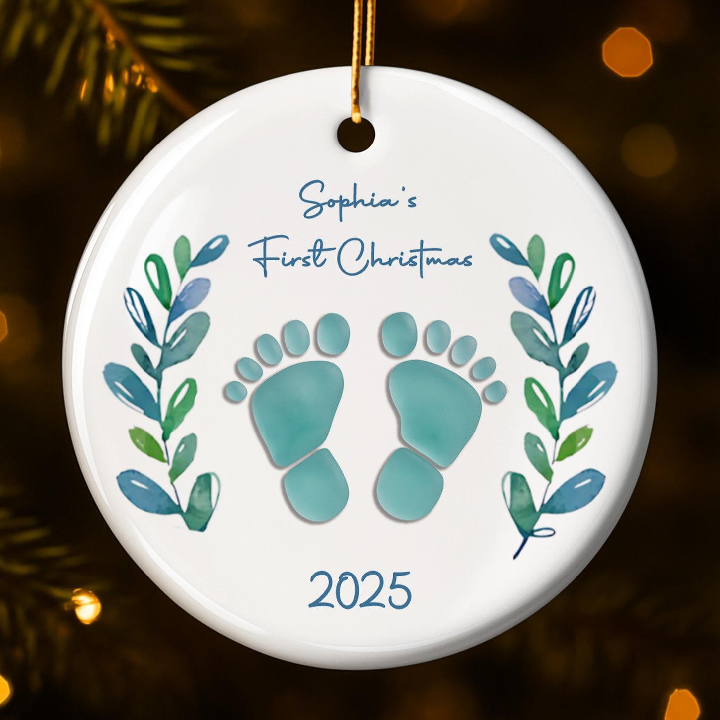 First Christmas With Charming Baby Footprints And Leaves