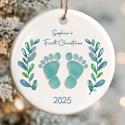 First Christmas With Charming Baby Footprints And Leaves