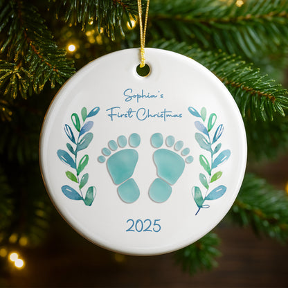 First Christmas With Charming Baby Footprints And Leaves