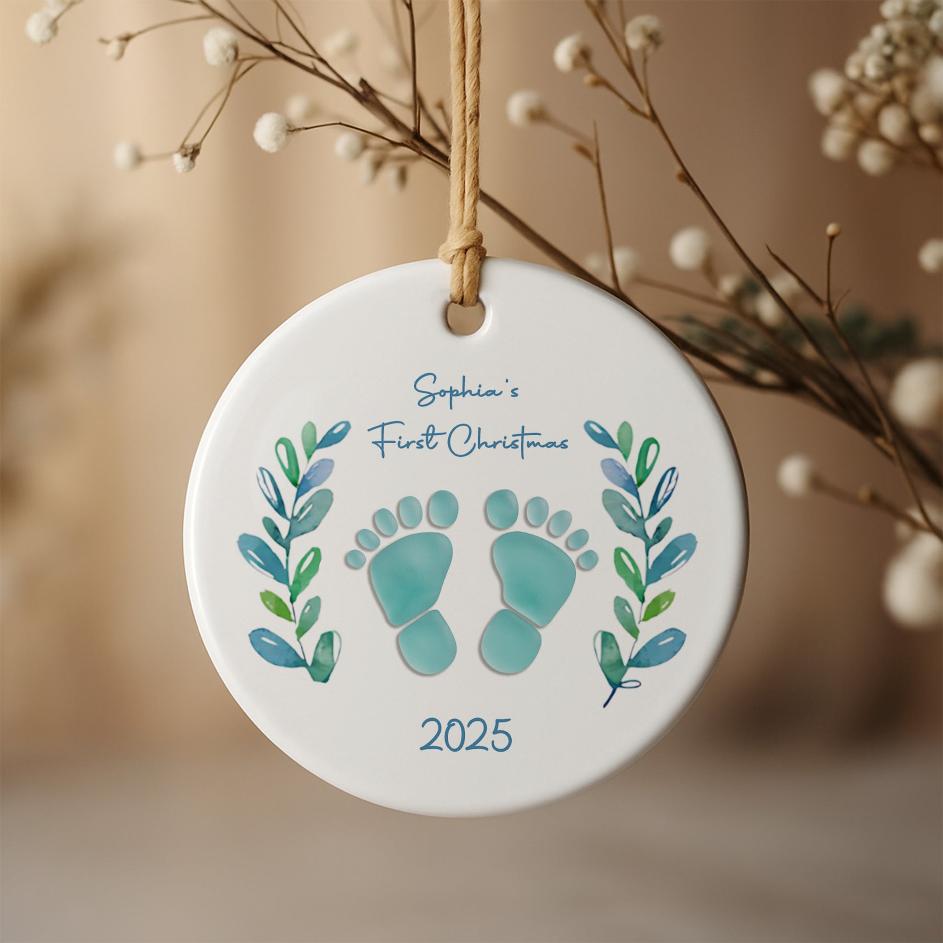 First Christmas With Charming Baby Footprints And Leaves