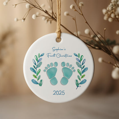 First Christmas With Charming Baby Footprints And Leaves