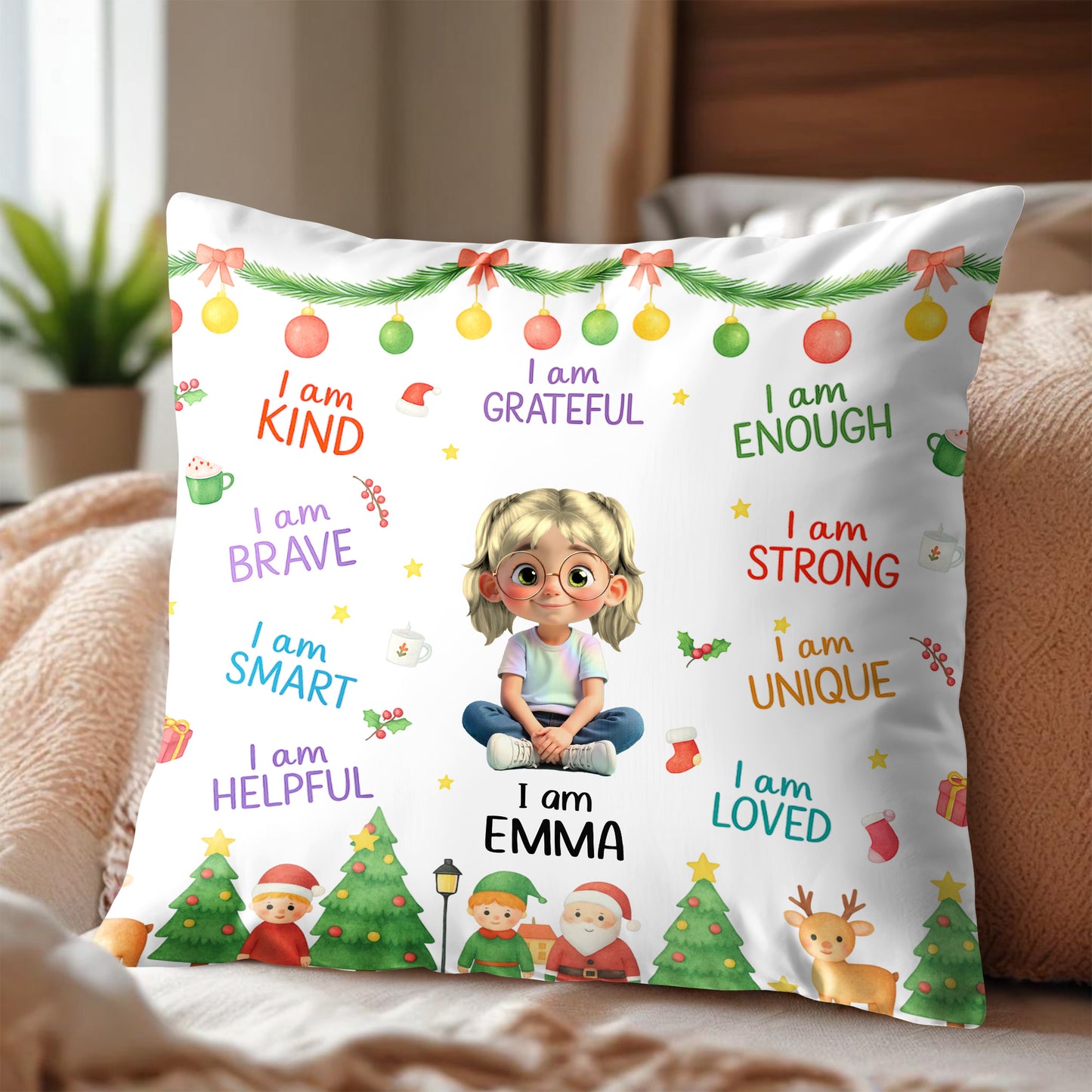 I Am Kind, I Am Loved, Santa Claus And Christmas Trees Pillow