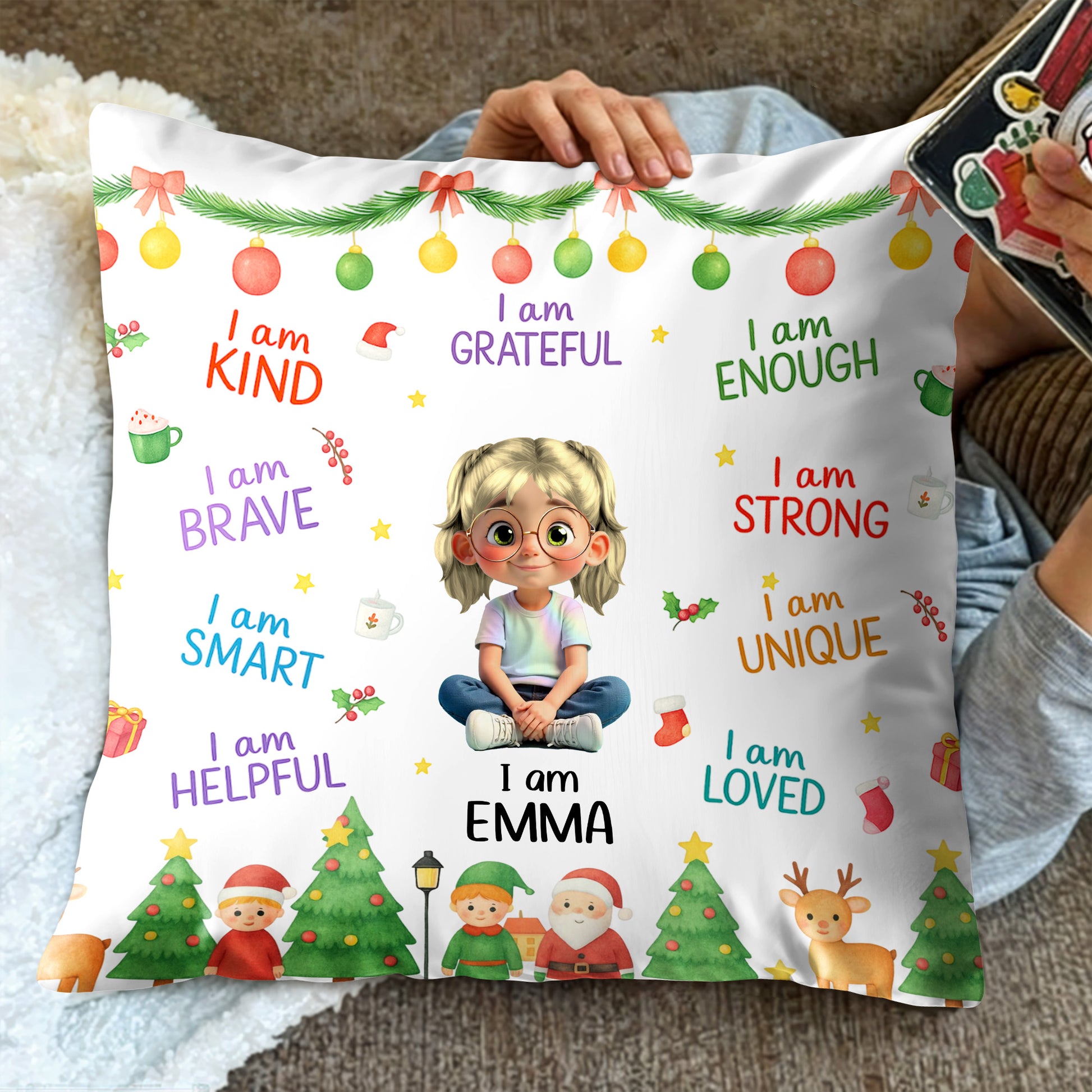 I Am Kind, I Am Loved, Santa Claus And Christmas Trees Pillow