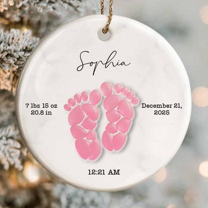 Celebrating Precious Moments Of Your New Arrival With Baby Footprints - Personalized Custom Ceramic Ornament With Round Shape - KID439_RCE
