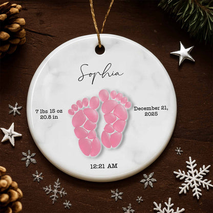Celebrating Precious Moments Of Your New Arrival With Baby Footprints - Personalized Custom Ceramic Ornament With Round Shape - KID439_RCE