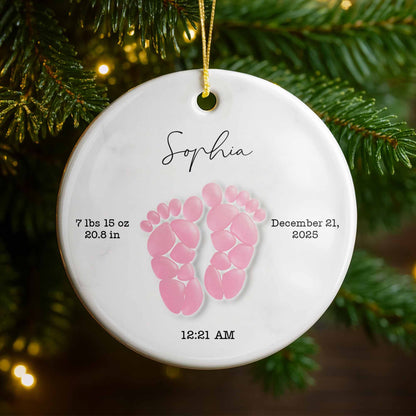 Celebrating Precious Moments Of Your New Arrival With Baby Footprints - Personalized Custom Ceramic Ornament With Round Shape - KID439_RCE