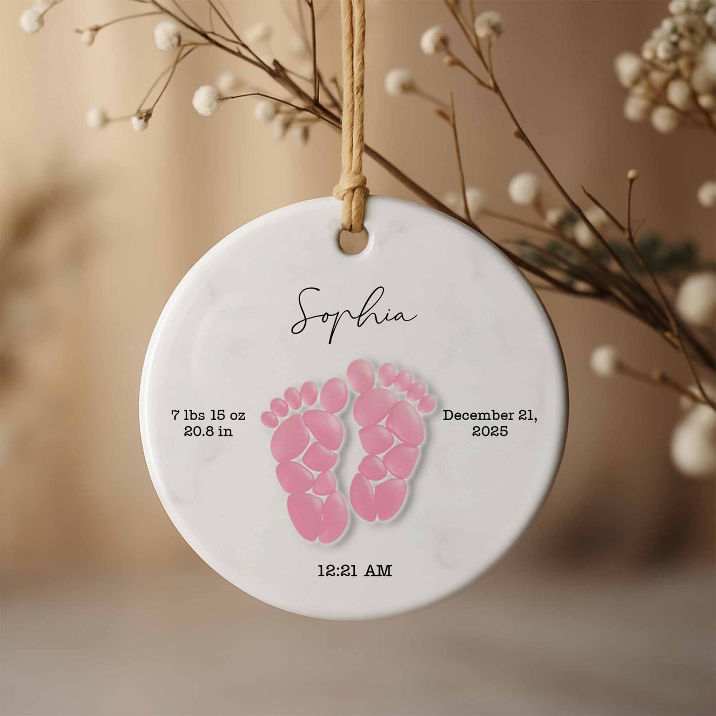 Celebrating Precious Moments Of Your New Arrival With Baby Footprints - Personalized Custom Ceramic Ornament With Round Shape - KID439_RCE