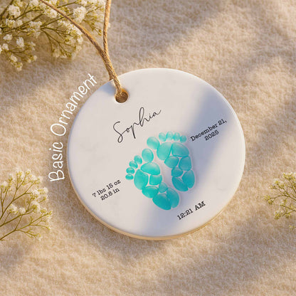 Celebrating Precious Moments Of Your New Arrival With Baby Footprints - Personalized Custom Ceramic Ornament With Round Shape - KID439_RCE