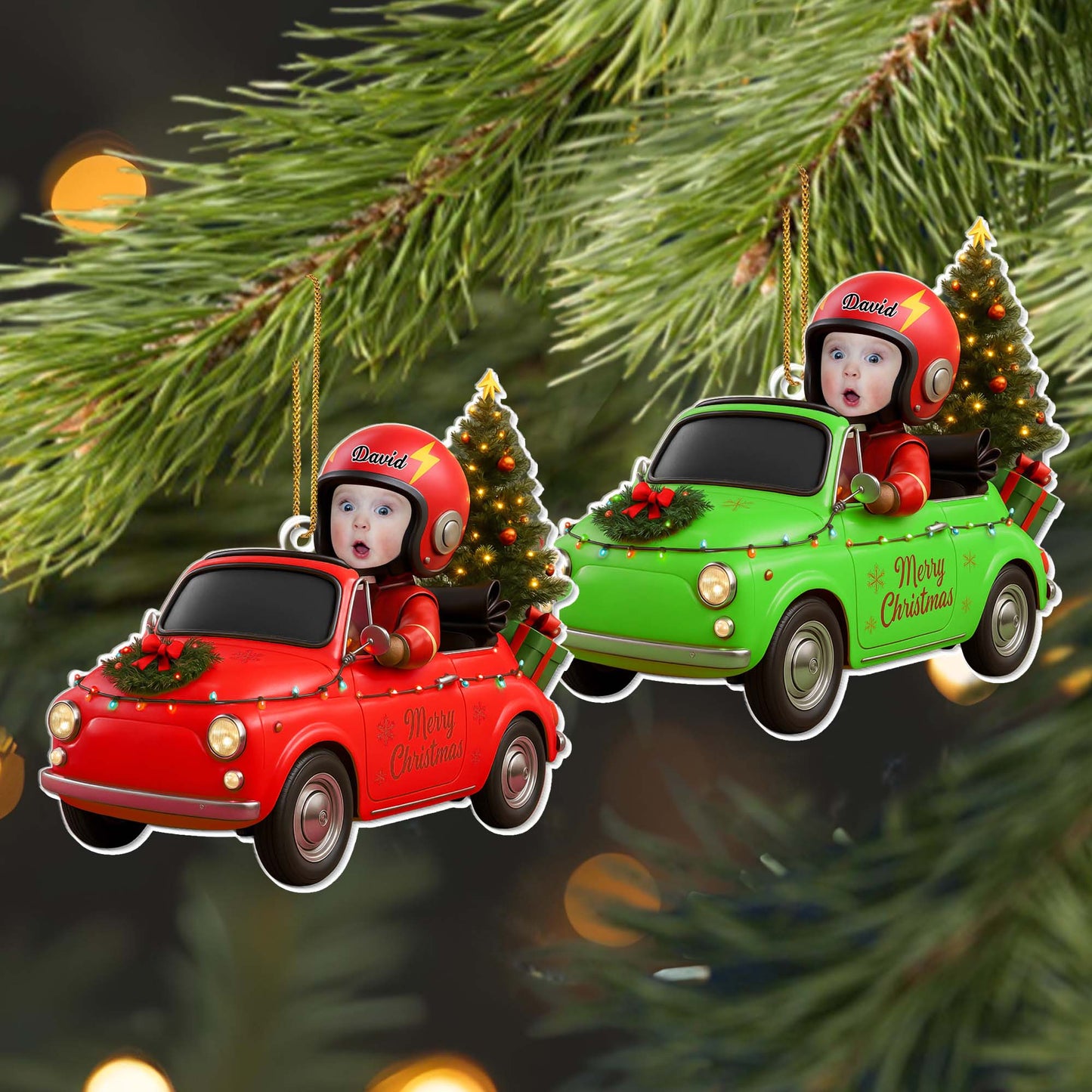 Merry Christmas, Vintage Car With Christmas Tree And Gifts
