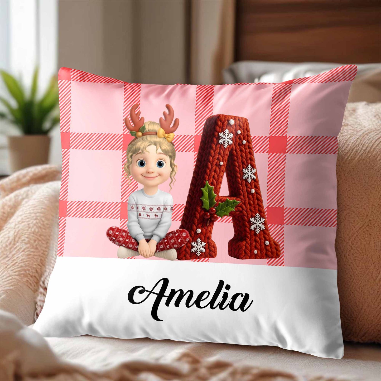 Customizable Pillow With Animated Girl and Holiday Elements