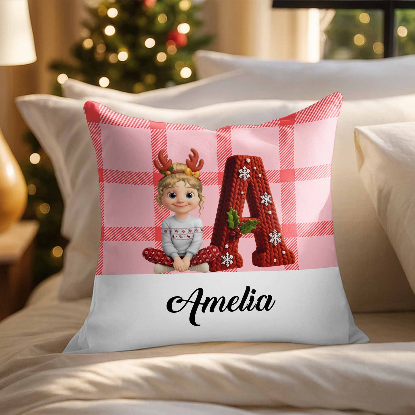 Customizable Pillow With Animated Girl and Holiday Elements