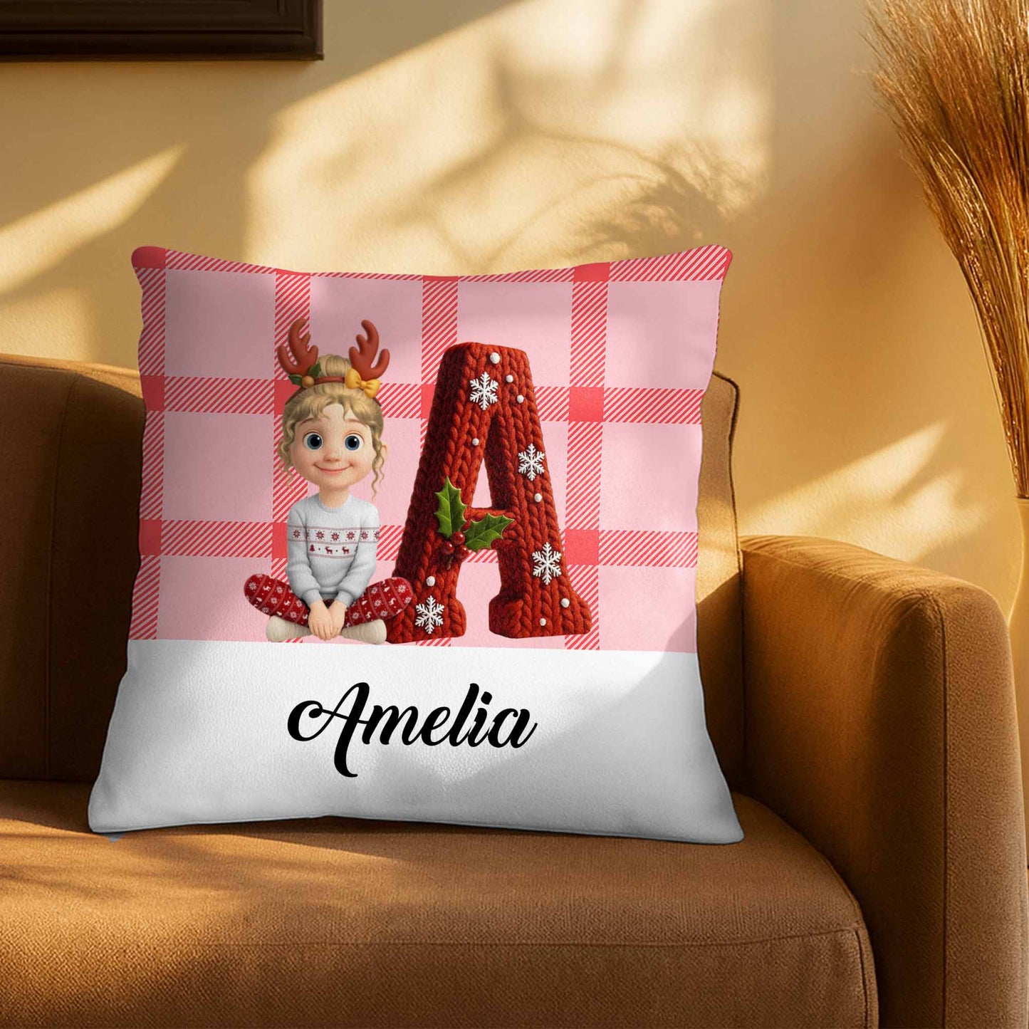 Customizable Pillow With Animated Girl and Holiday Elements