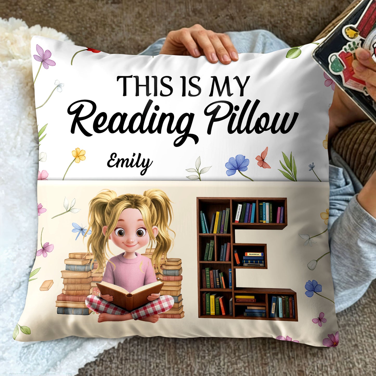 This Is My Reading Pillow With Books And Flowers Design