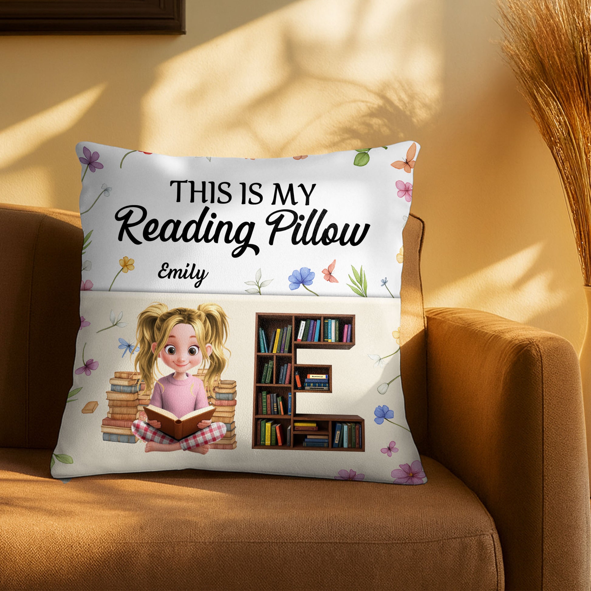 This Is My Reading Pillow With Books And Flowers Design