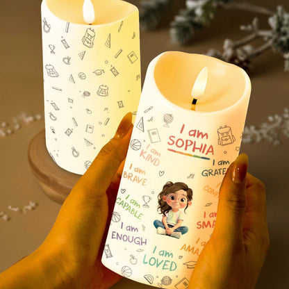 I Am Kind, Grateful and Amazing Candle With School Supplies and Girl